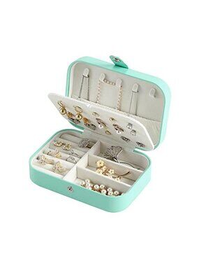 Small Travel Jewelry Box Organizer Double Layer Necklace Earring Ring Green